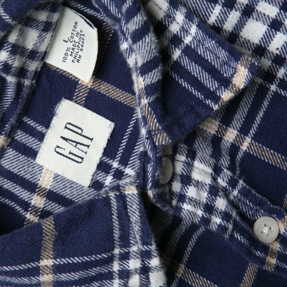 Gap Boys Flannel Button Down Shirt Navy White Khaki 2 Pocket Cozy Soft - Picture 4 of 6